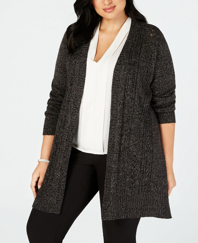 Karen Scott Women's Petite Largeus Size Pointelle Open Front Cardigan Gray Size 1X