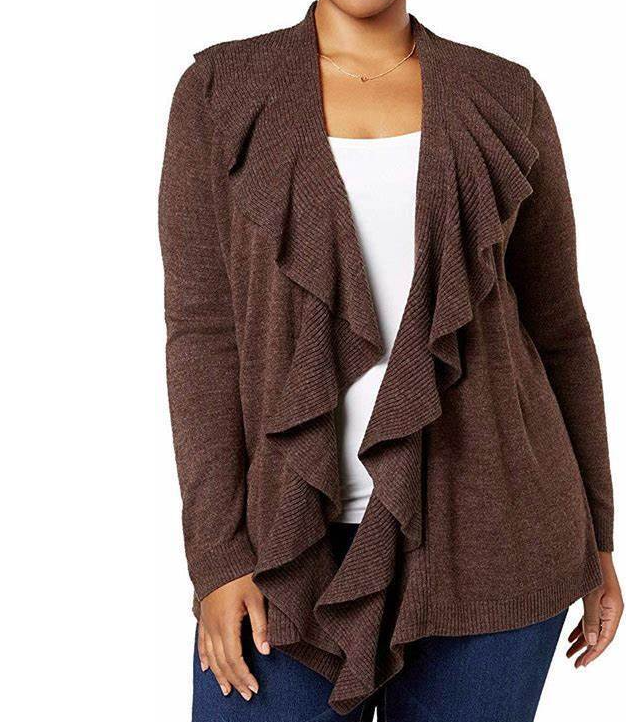 Karen Scott Women's Ruffle-Front Cardigan Brown Size Medium