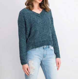 Hippie Rose Juniors' V-Neck Chenille Sweater Blue Size Medium