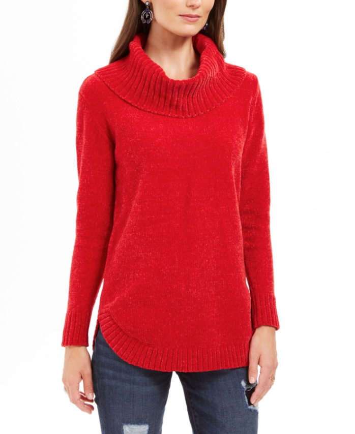 Style & Co Women's Metallic Threaded Turtleneck Sweater Red Size Petite Petite