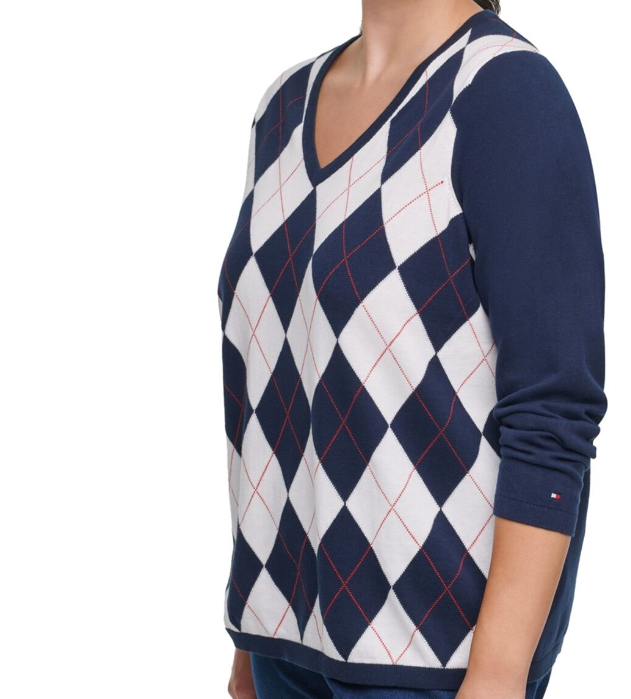 Tommy Hilfiger Women's Plus Ivy Cotton Argyle Sweater Blue Size 3 Extra Large