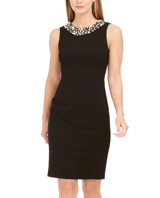 Calvin Klein Women's Imitation Pearl Trim Sheath Dress Black Size 4 Petite