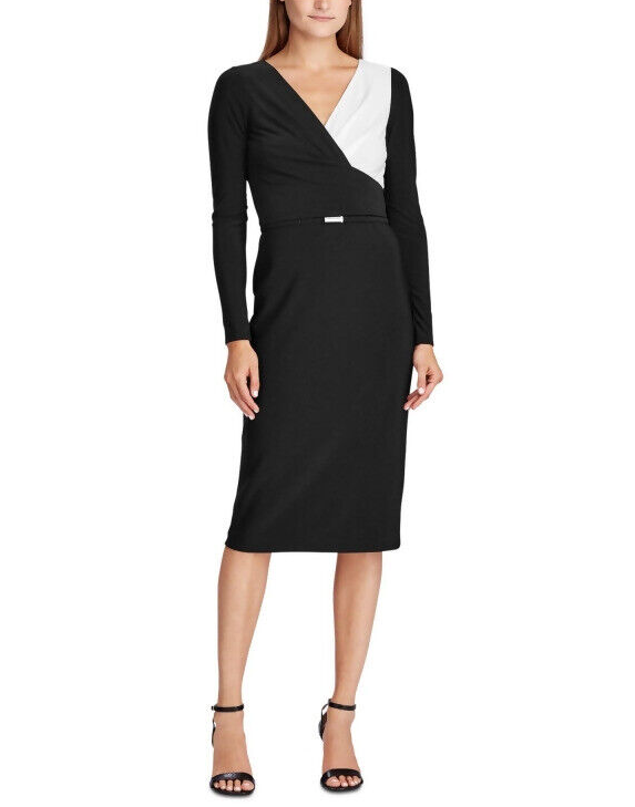 Ralph Lauren Women's Black Zippered Long Sleeve V Neck Below The Knee Sheath Party Dress Black/White Size 8