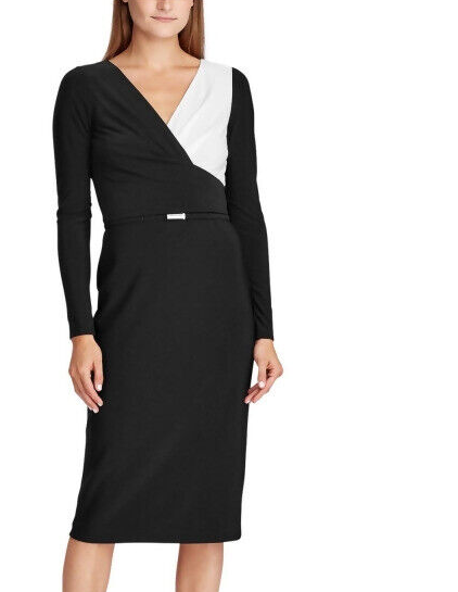 Ralph Lauren Women's Black Zippered Long Sleeve V Neck Below The Knee Sheath Party Dress Black/White Size 8