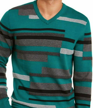 Alfani Men's Textured Striped V-Neck Sweater Cape Green Size Extra Large