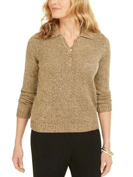 Karen Scott Women's Point Collar Sweater Brown Size PL