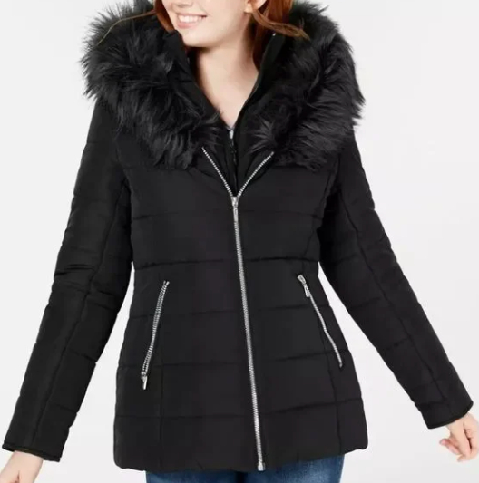 Maralyn & Me Women's Juniors' Hooded Faux-Fur-Trim Puffer Coat Black Size Small