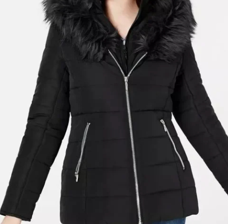 Maralyn & Me Women's Juniors' Hooded Faux-Fur-Trim Puffer Coat Black Size Small