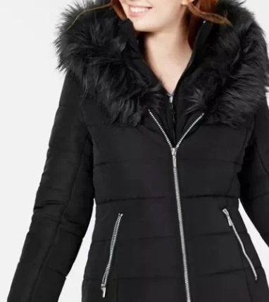 Maralyn & Me Women's Juniors' Hooded Faux-Fur-Trim Puffer Coat Black Size Small