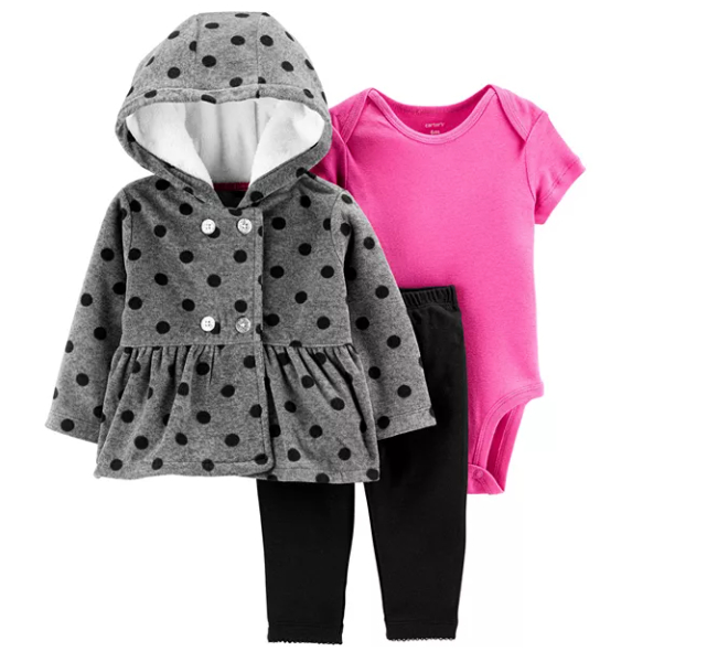 Carter's Baby Girl's 3 Pc Fleece Dot Print Hoodie Bodysuit & Pants Set Gray Size Newborn