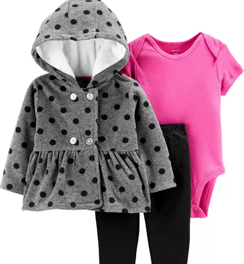Carter's Baby Girl's 3 Pc Fleece Dot Print Hoodie Bodysuit & Pants Set Gray Size Newborn