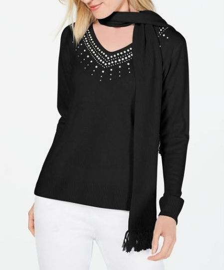 Karen Scott Women's Embellished Scarf Sweater  Black Size Medium