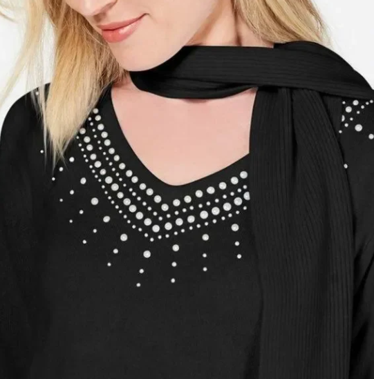 Karen Scott Women's Embellished Scarf Sweater Black Size Medium