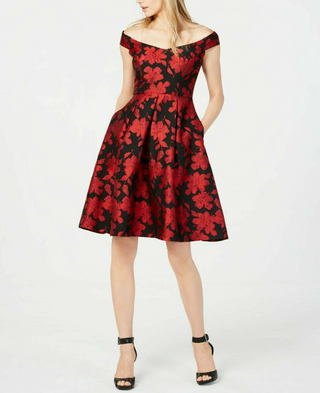 Calvin Klein Women's Off-The-Shoulder Brocade Floral Fit & Flare Dress Red Size 12
