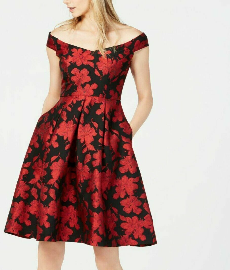 Calvin Klein Women's Off-The-Shoulder Brocade Floral Fit & Flare Dress Red Size 12
