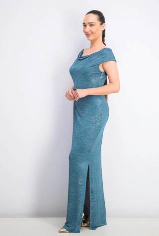 Connected Women's Cowlneck Metallic Slit Gown Green Size 8