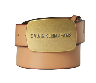 Calvin Klein Jeans Men's Plaque Buckle Leather Belt Tan Brown Size 36