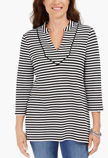 Charter Club Women's Striped 3/4-Sleeve Top Black Size Medium