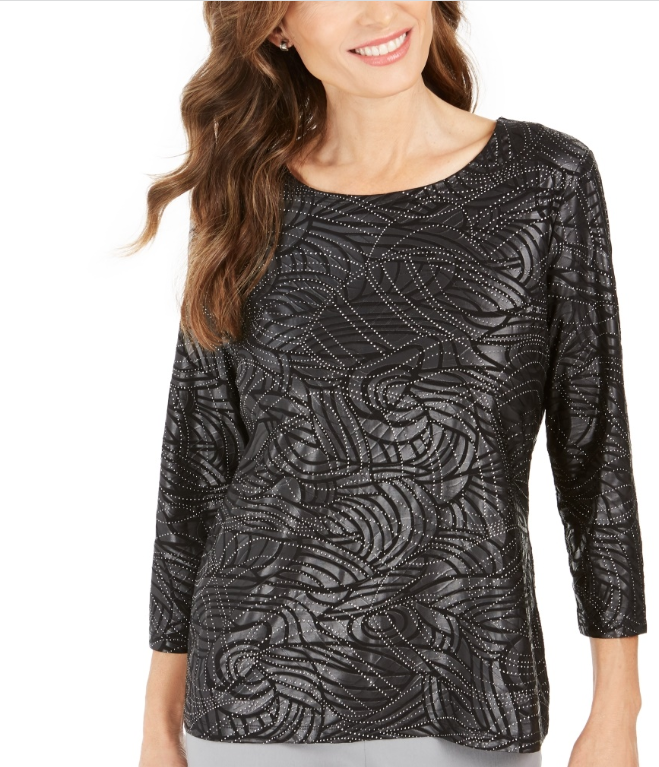JM Collection Women's Printed Metallic Jacquard Top  Black Size Petite Extra Large
