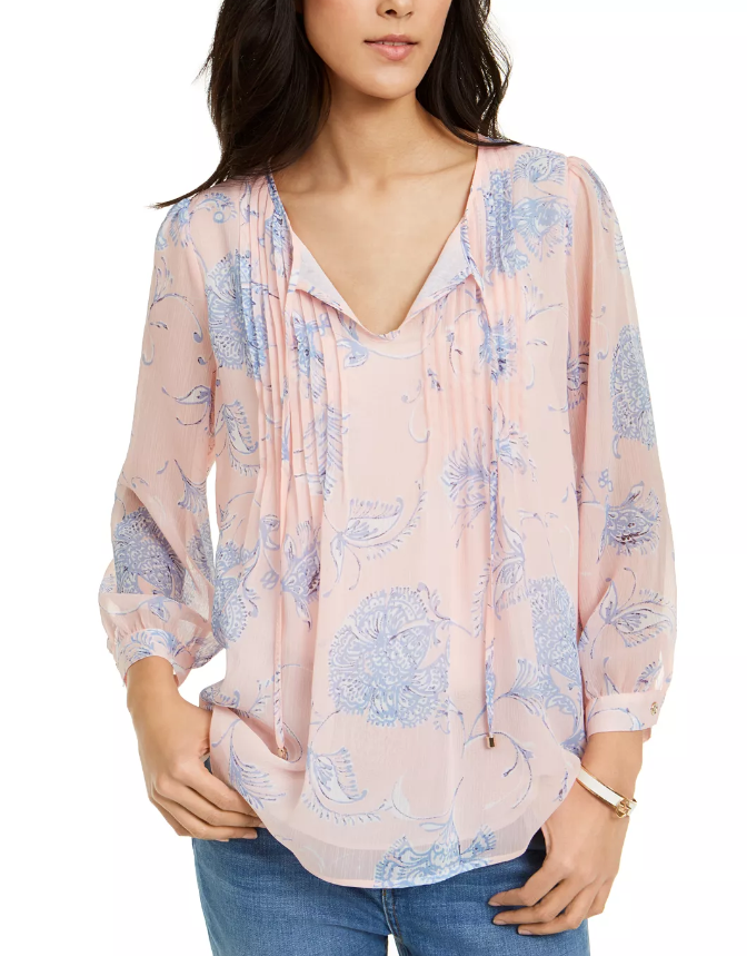 Tommy Hilfiger Women's Floral Print Pintucked Blouse Pink Size Medium