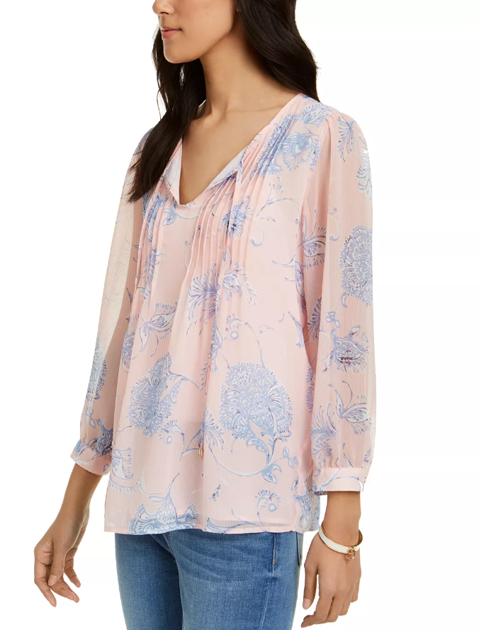 Tommy Hilfiger Women's Floral Print Pintucked Blouse Pink Size Medium