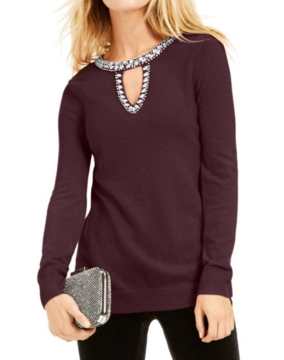 INC Women's Embellished Keyhole Sweater Port Wine Size Extra Large