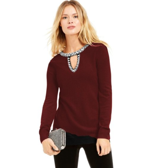 INC International Concepts Women's Embellished Keyhole Sweater Wine Size Small