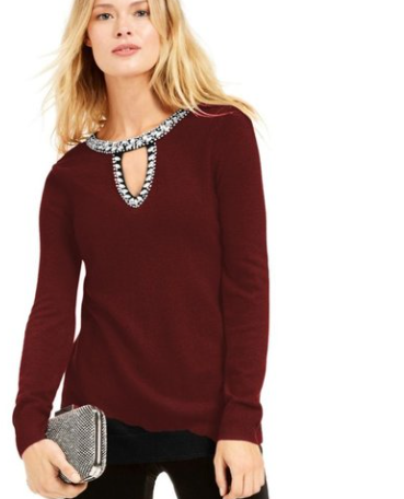 INC International Concepts Women's Embellished Keyhole Sweater Wine Size Small