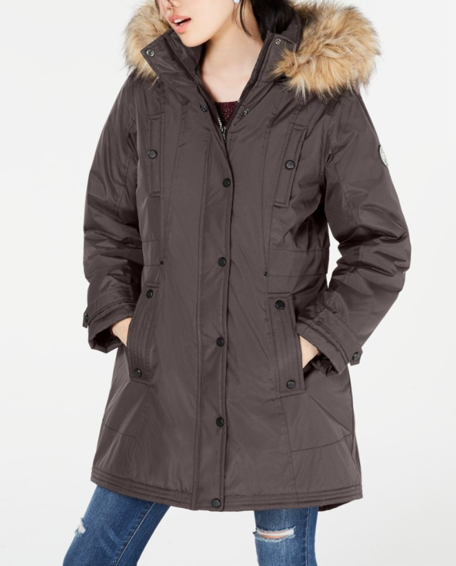 Madden Girl Junior's Hooded Faux Trim Parka Gray Size Medium