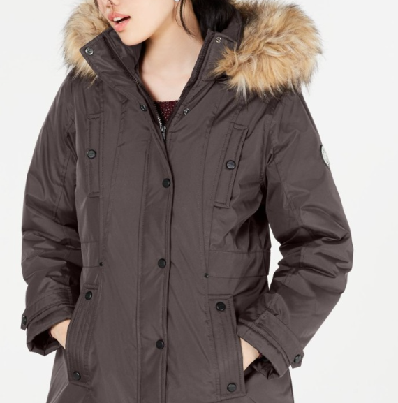 Madden Girl Junior's Hooded Faux Trim Parka Gray Size Medium