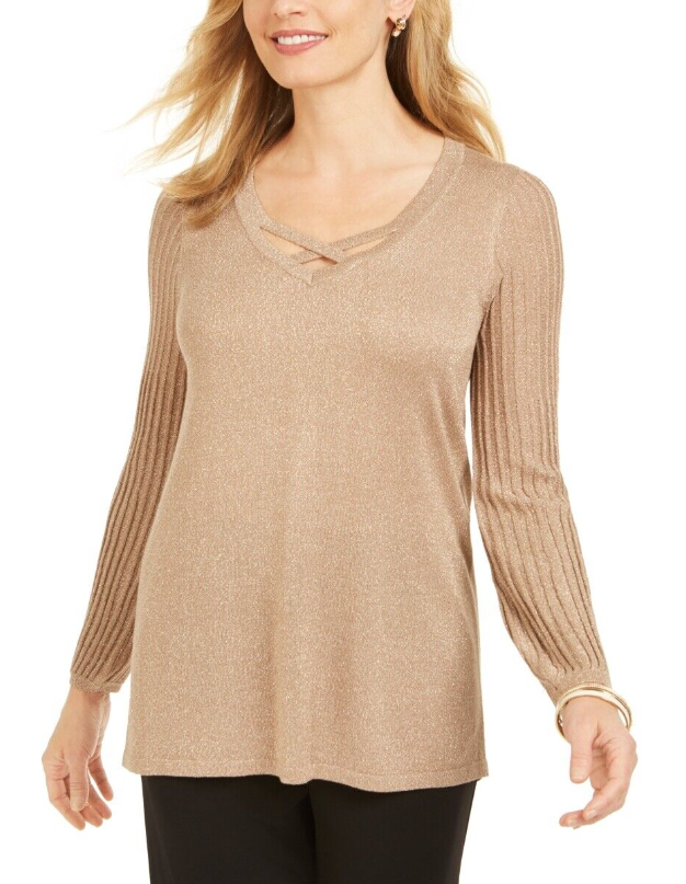 JM  Collection Women's Lurex Lattice-Neck Blouse Brown Size Small