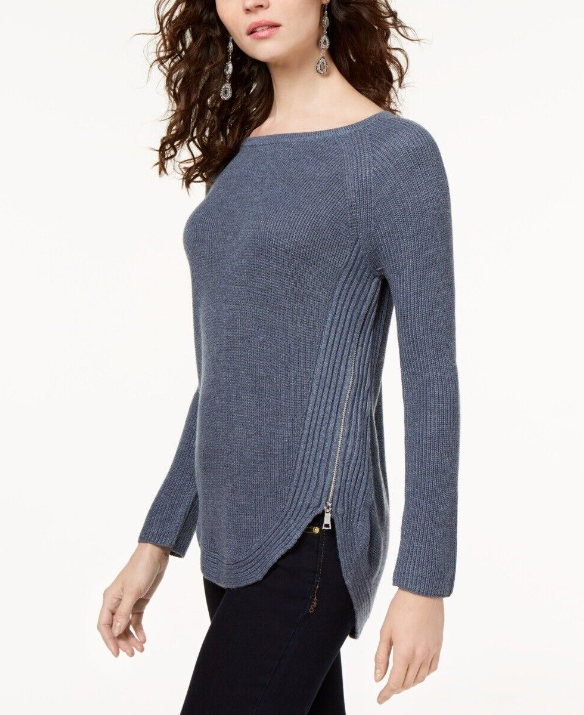 INC International Concepts Women's Waffle Knit Side Zip Tunic Sweater Blue Size Petite S/M