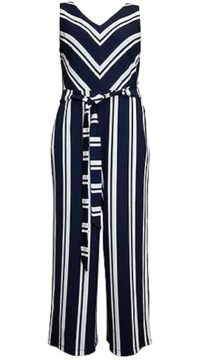 Charter Club Women's Stretch Zippered Belted Striped Sleeveless V Neck Party Wide Leg Jumpsuit Blue Size X-Large