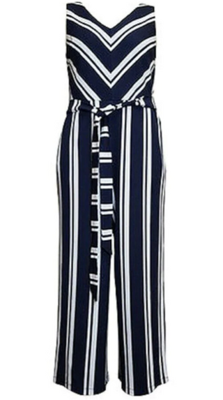 Charter Club Women's Stretch Zippered Belted Striped Sleeveless V Neck Party Wide Leg Jumpsuit Blue Size X-Large
