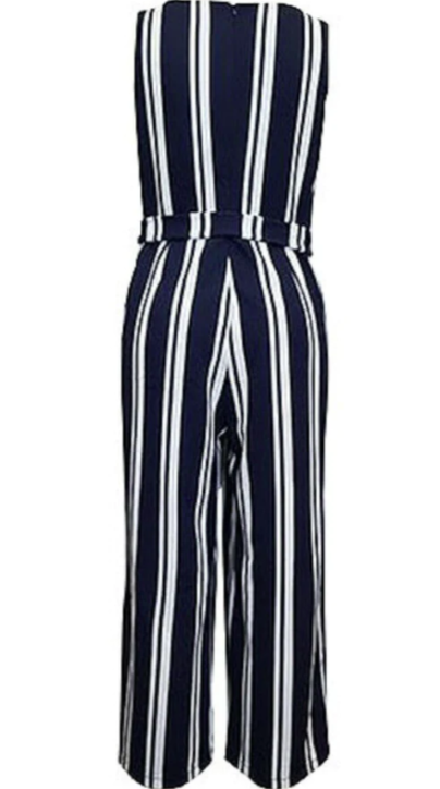 Charter Club Women's Stretch Zippered Belted Striped Sleeveless V Neck Party Wide Leg Jumpsuit Blue Size X-Large