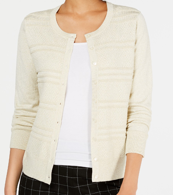 Charter Club Women's Textured Lurex Cardigan Sweater Beige Dust Size Medium