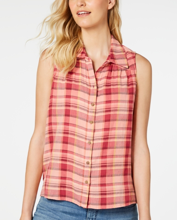 Style & Co Women's Plaid Sleeveless Top Pink Size Large