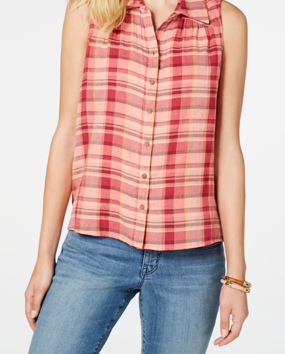 Style & Co Women's Plaid Sleeveless Top Pink Size Large