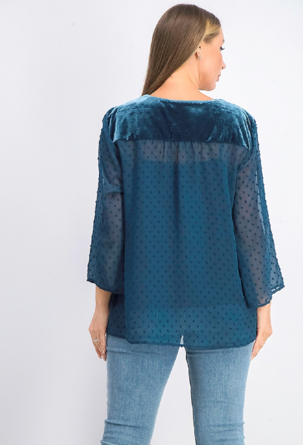Style & Co Women's Mixed-Media Sheer-Sleeve Blouse Green Size Large