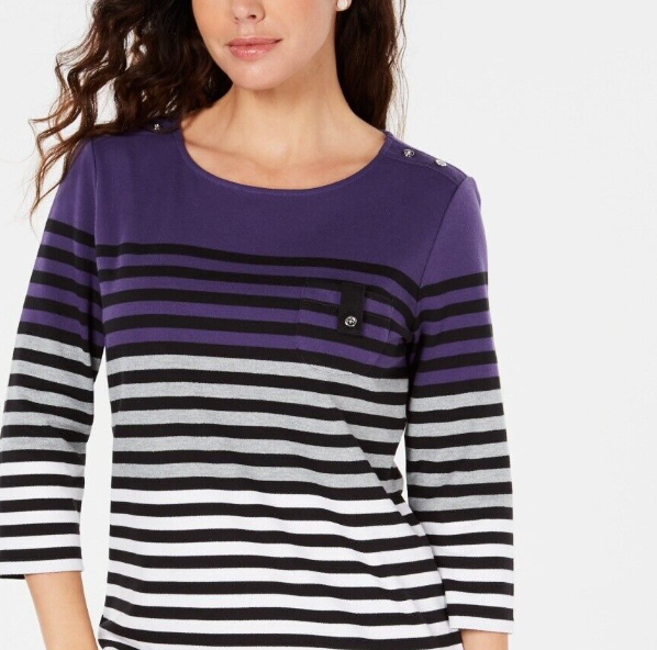 Karen Scott Women's Striped Colorblocked Top Purple Size Petite Medium