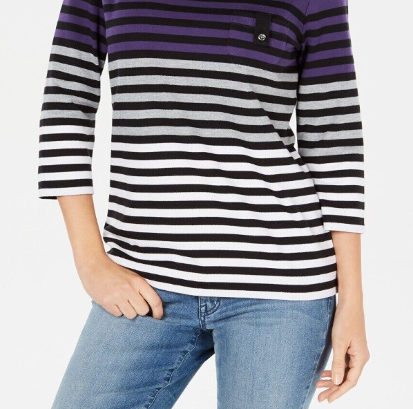 Karen Scott Women's Striped Colorblocked Top Purple Size Petite Medium