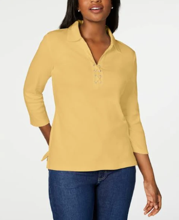 Karen Scott Women's Cotton Lace Up Shirt Yellow Size Small