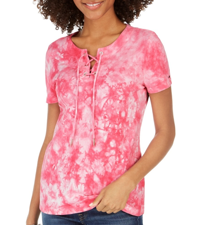 Tommy Hilfiger Women's Cotton Lace-Up Tie-Dyed T-Shirt Pink Size X-Large