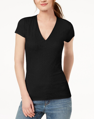 INC International Concepts Women's Ribbed V Neck Top Black Size Petite Extra Large