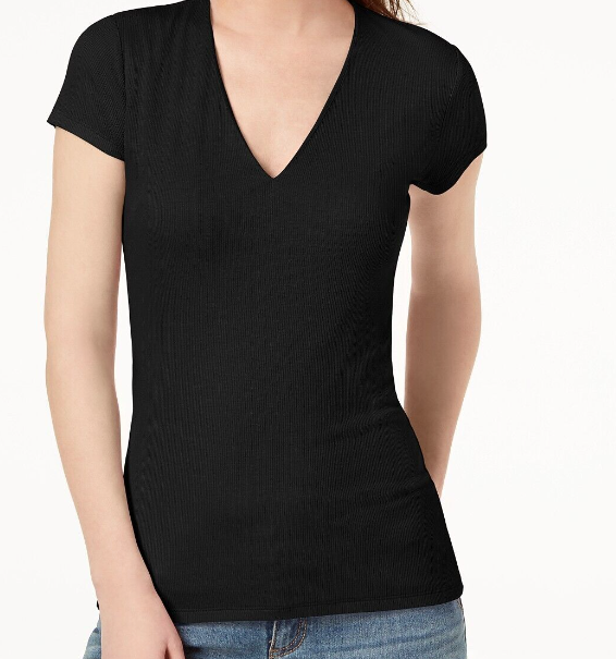 INC International Concepts Women's Ribbed V Neck Top Black Size Petite Extra Large