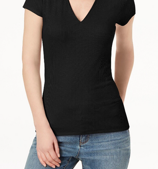 INC International Concepts Women's Ribbed V Neck Top Black Size Petite Extra Large