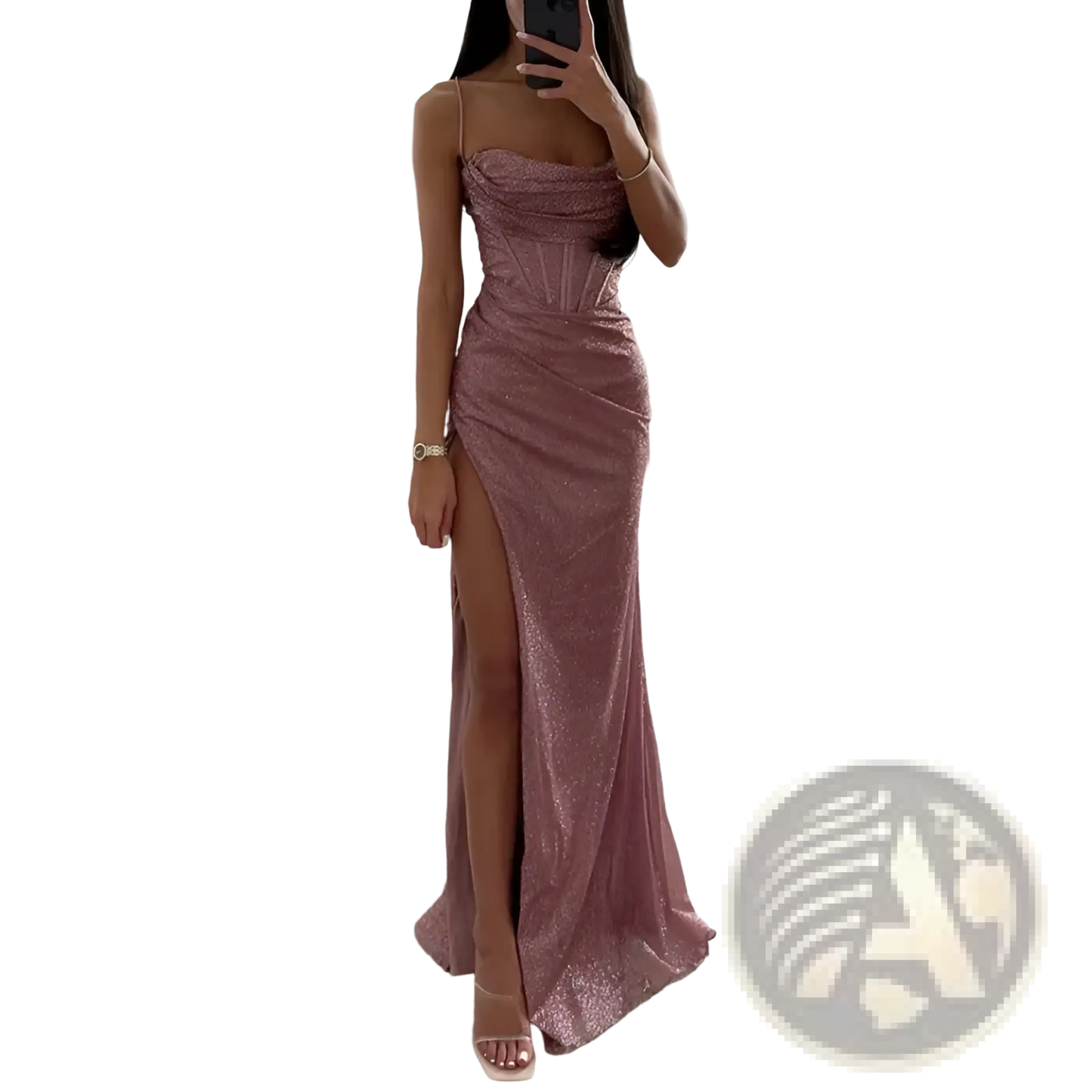 Sequined v Neck High Slit Evening Gown