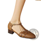 Sheepskin Leather T-strap Low Block Heel Sandals