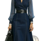 Sheer Sleeve Colorblock Denim Midi Dress with Belt