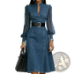 Sheer Sleeve Colorblock Denim Midi Dress with Belt